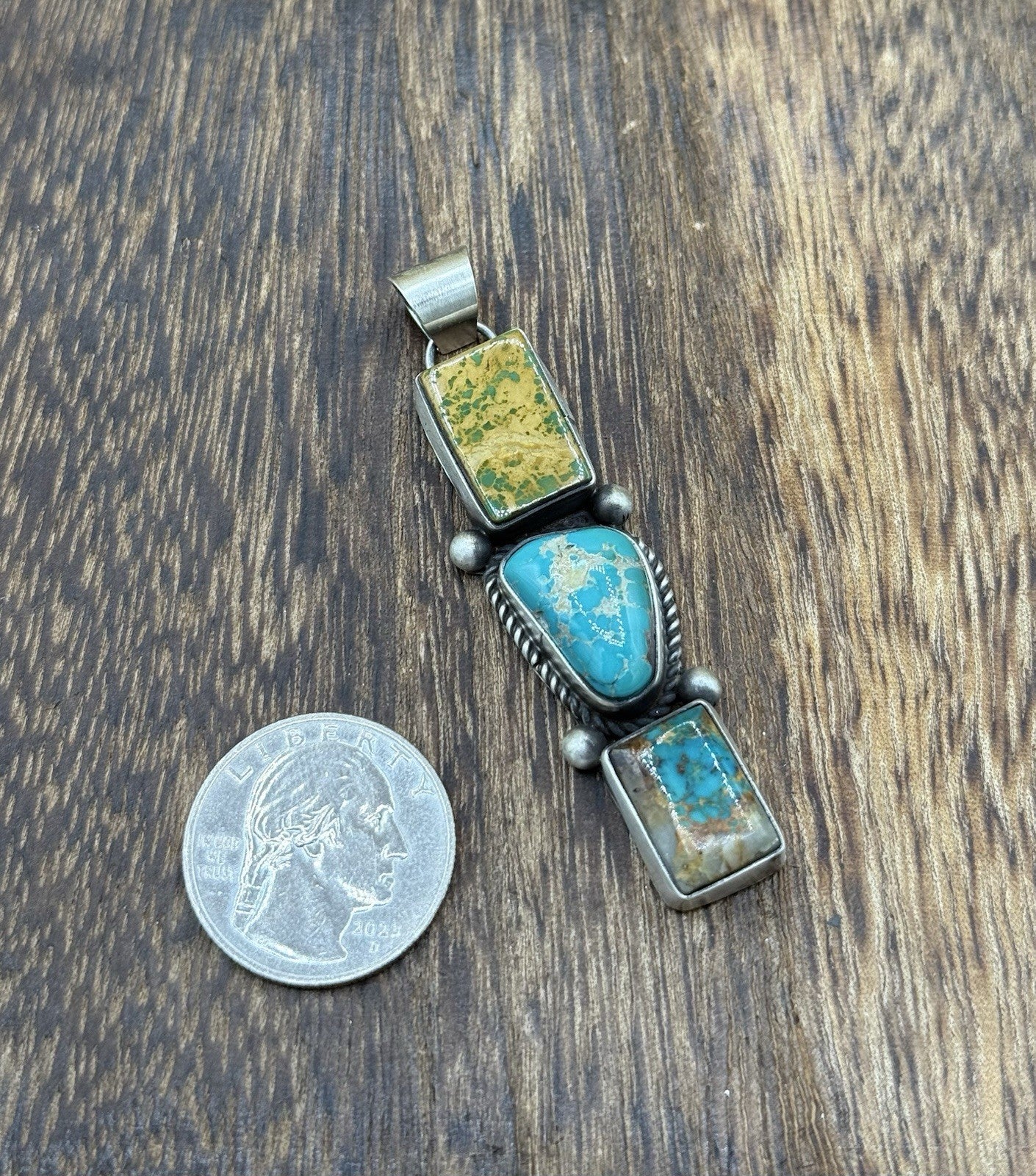 Navajo Handmade Sterling Silver Royston Turquoise Cluster Drop Pendant