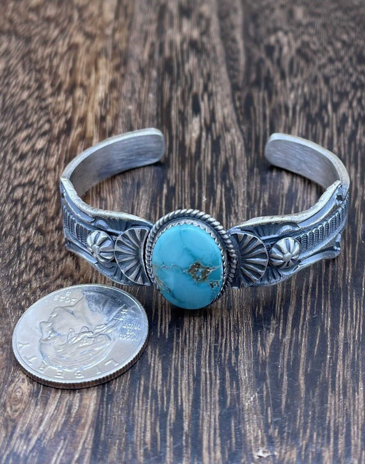 Native American Navajo Handmade Silver Kingman Turquoise Old look Bracelet