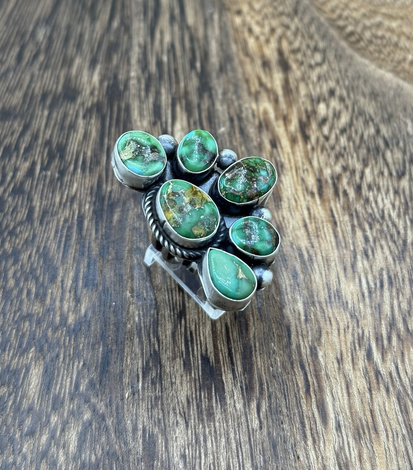 Navajo Handmade Sterling Silver Sonoran Gold Turquoise Half Cluster Ring Size 8