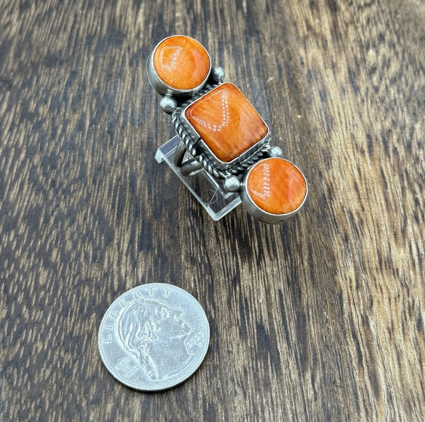 Navajo Handmade Sterling Silver Orange Spiny Oyster Shell Cluster Ring Size 7