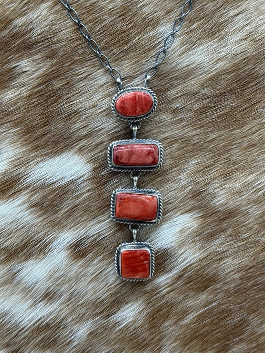 Navajo Handmade Sterling Silver Red Spiny Oyster  Shell Lariat Bar Necklace 18”