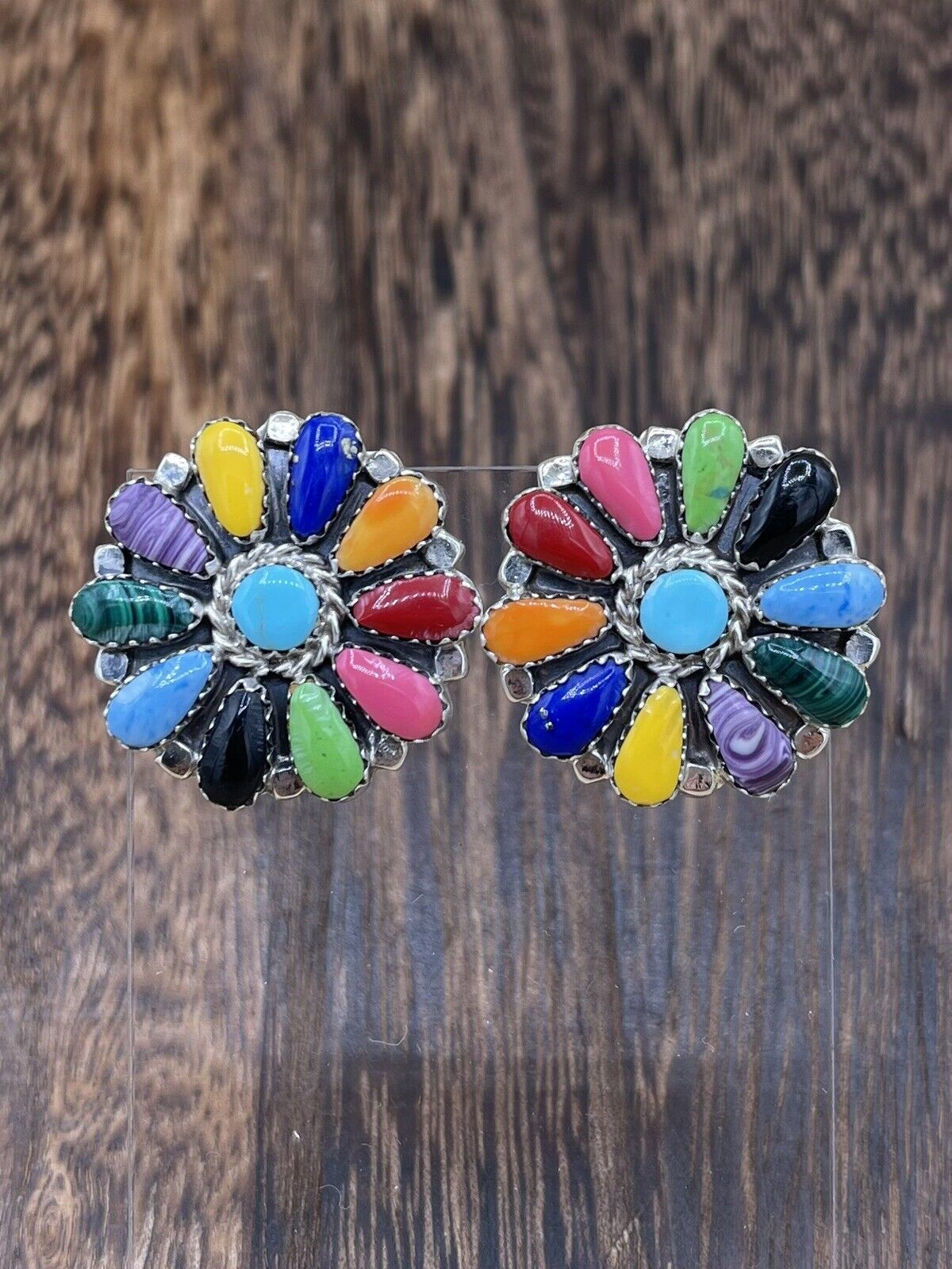 Native American Navajo Handmade Sterling Silver Multicolor Cluster Stud Earrings