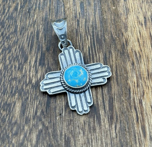 Navajo Handmade Sterling Silver Old Look Kingman Turquoise Zia Pendant Kevin B.