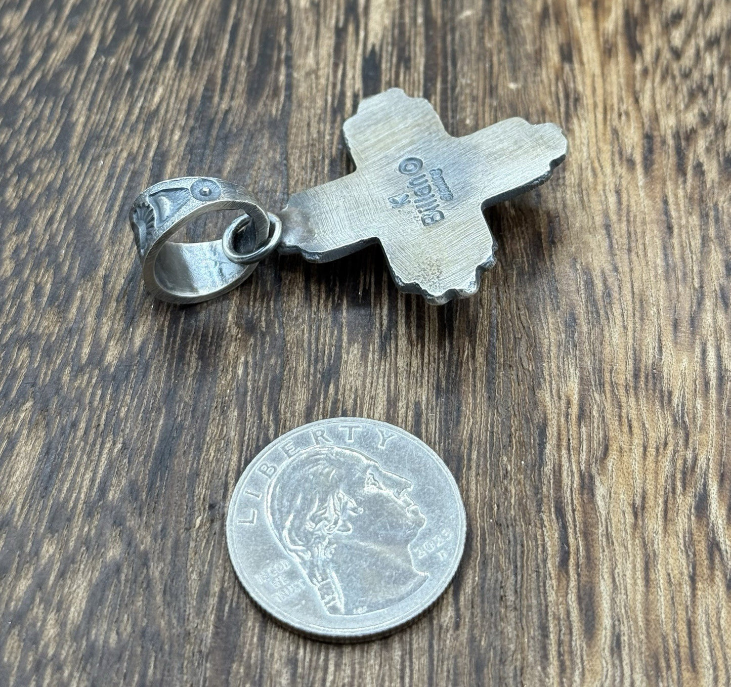 Navajo Handmade Sterling Silver Old Look Kingman Turquoise Zia Pendant Kevin B.