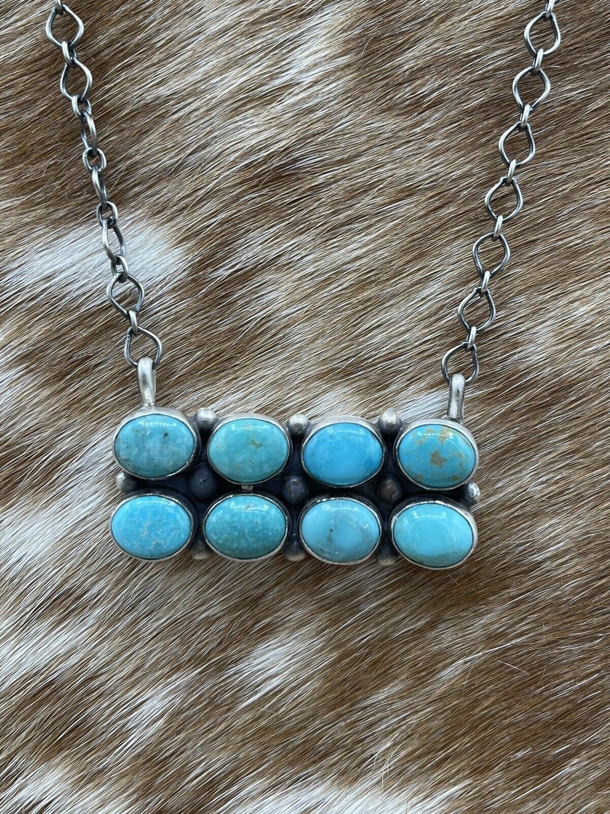 Native American Navajo Handmade Silver Turquoise Cluster Bar Necklace 18