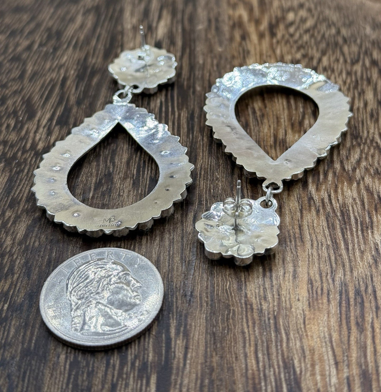 Navajo Handmade Sterling Silver Turquoise Cluster Post Drop earrings Large