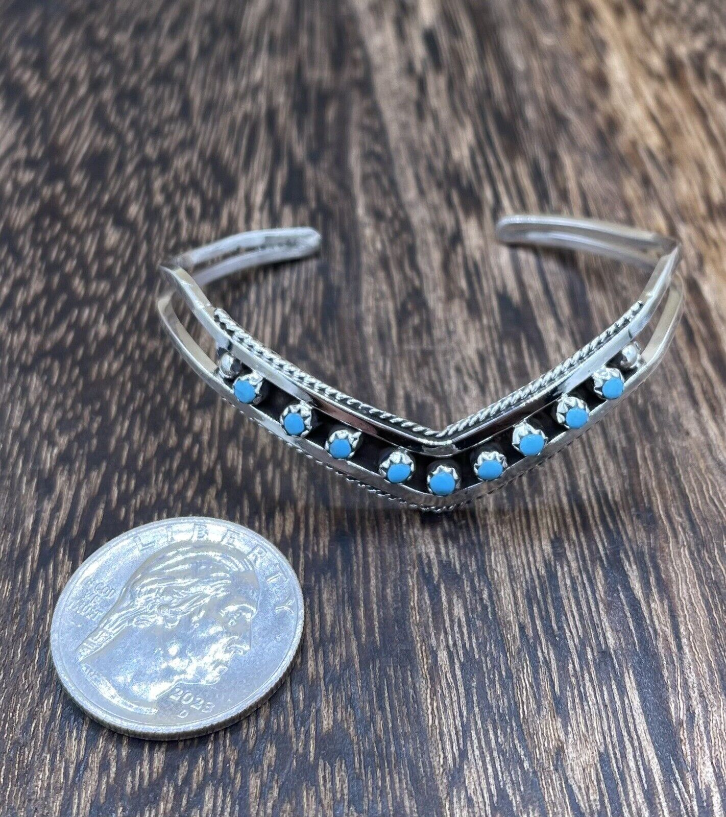 Native American Zuni Handmade Sterling Silver Turquoise Stacker Cuff Bracelet