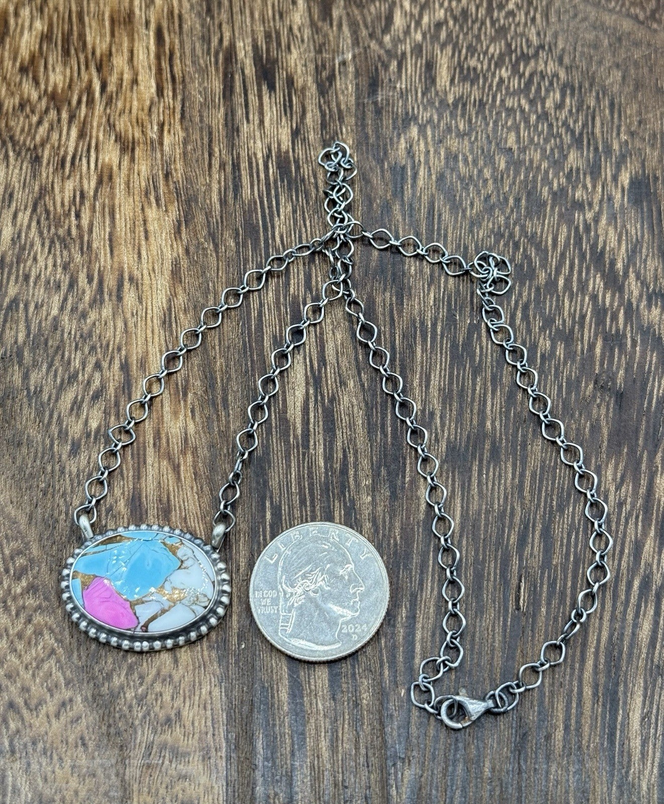 Native Navajo Handmade Sterling Silver Cotton Candy Dahlia Bar Necklace 18”