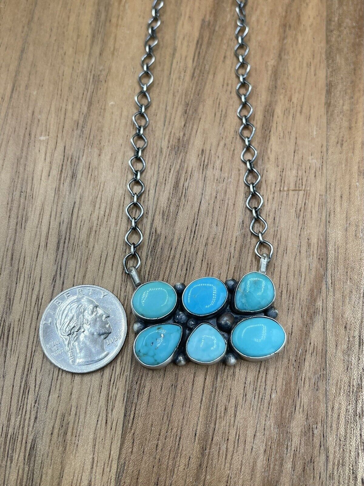 Native American Navajo Handmade Silver Turquoise Cluster Bar Necklace 18