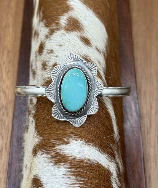 Native Navajo Handmade Sterling Silver Kingman Turquoise Cuff Stamped Bracelet