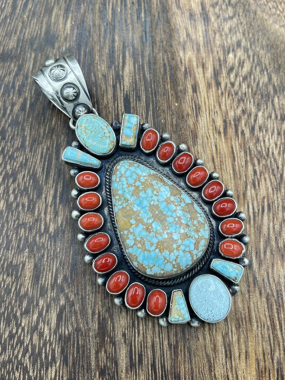 Native American Indian Navajo Handmade Silver Turquoise & Coral Cluster Pendant