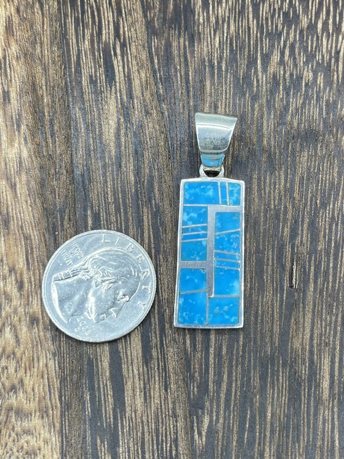 Native American Sterling Silver Navajo Handmade Natural Turquoise Inlay Pendant