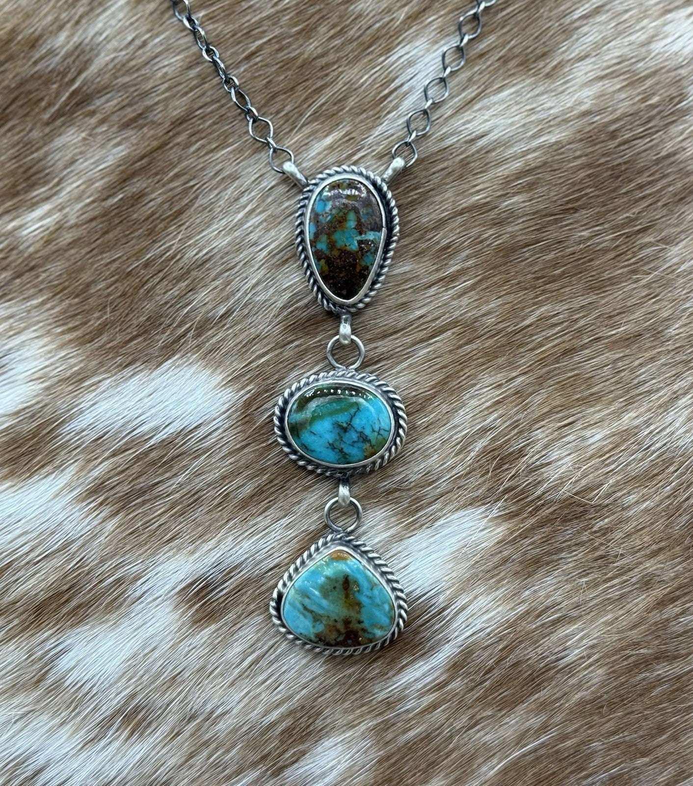 Native Navajo Handmade Sterling Silver Kingman Turquoise Lariat Necklace 18”