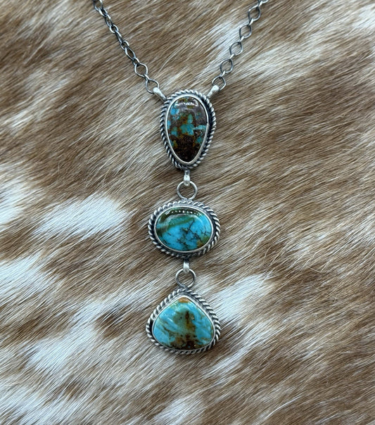 Native Navajo Handmade Sterling Silver Kingman Turquoise Lariat Necklace 18”