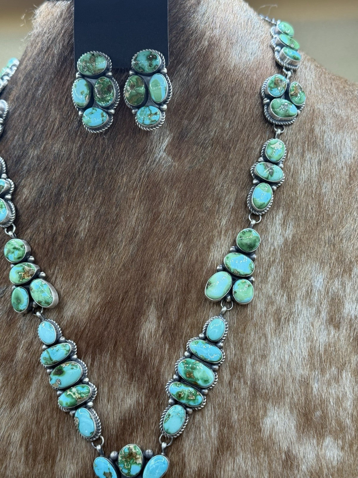 Navajo Handmade Sterling Silver Sonoran Gold Turquoise Cluster Lariat Necklace