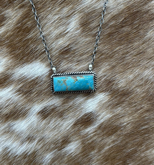 Navajo Handmade Sterling Silver Kingman Turquoise Bar Necklace 16”