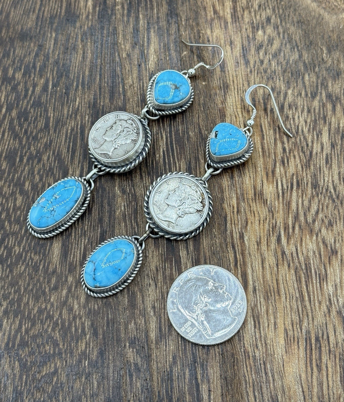 Navajo Handmade Sterling Silver Kingman Turquoise Liberty Mercury Dime Earrings