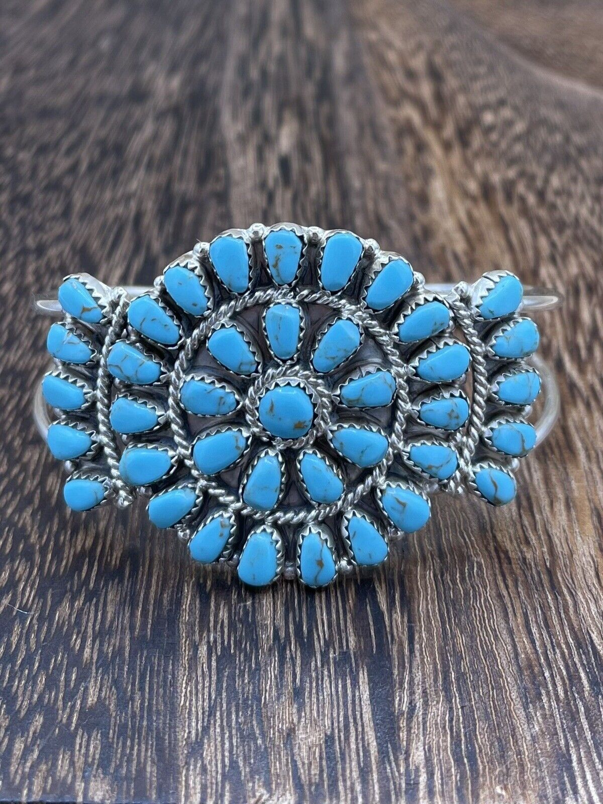 Native American Navajo Handmade Sterling Silver Turquoise Cluster Cuff Bracelet