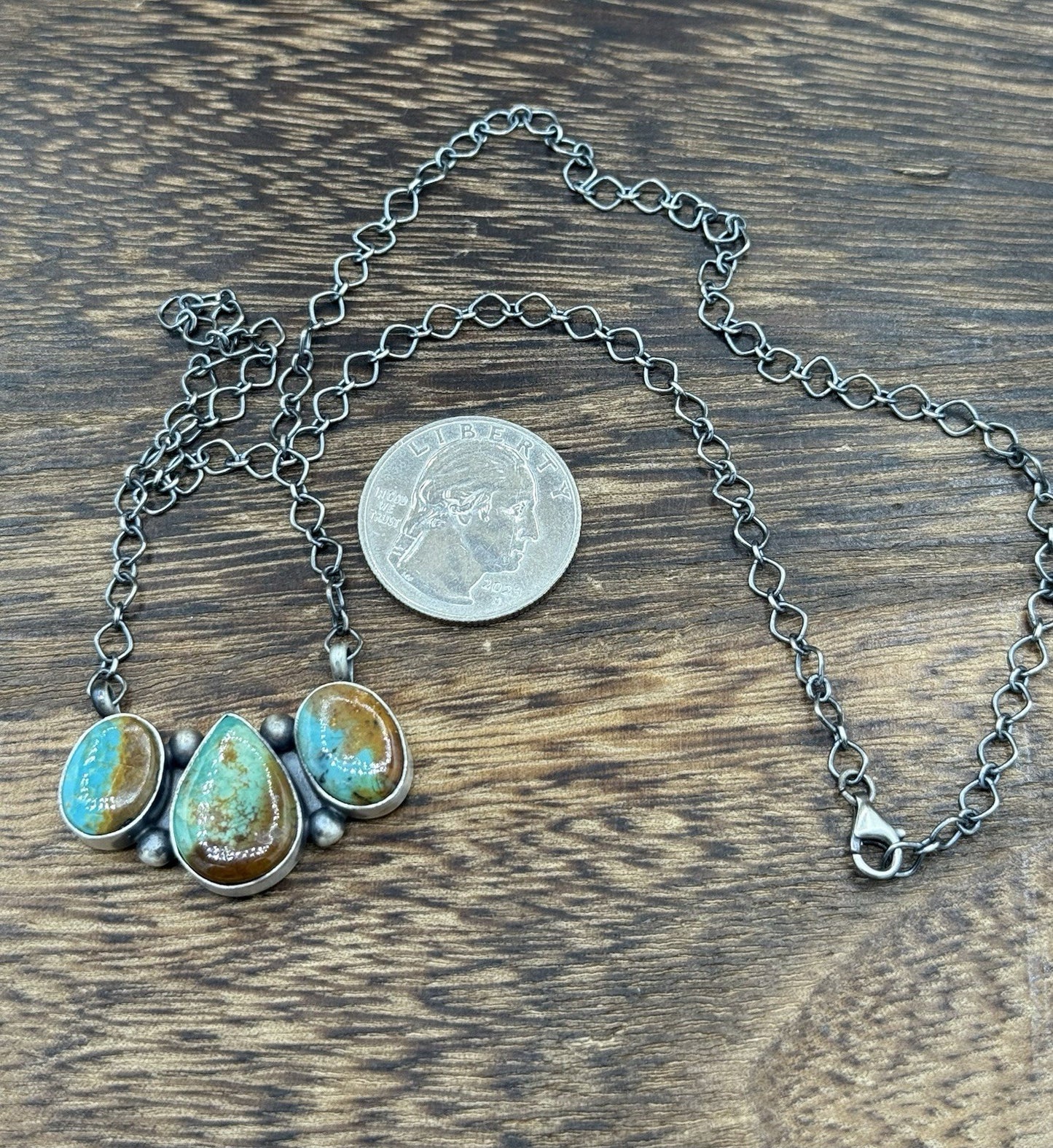 Navajo Handmade Sterling Silver Kingman Turquoise Cluster Bar Necklace 18”