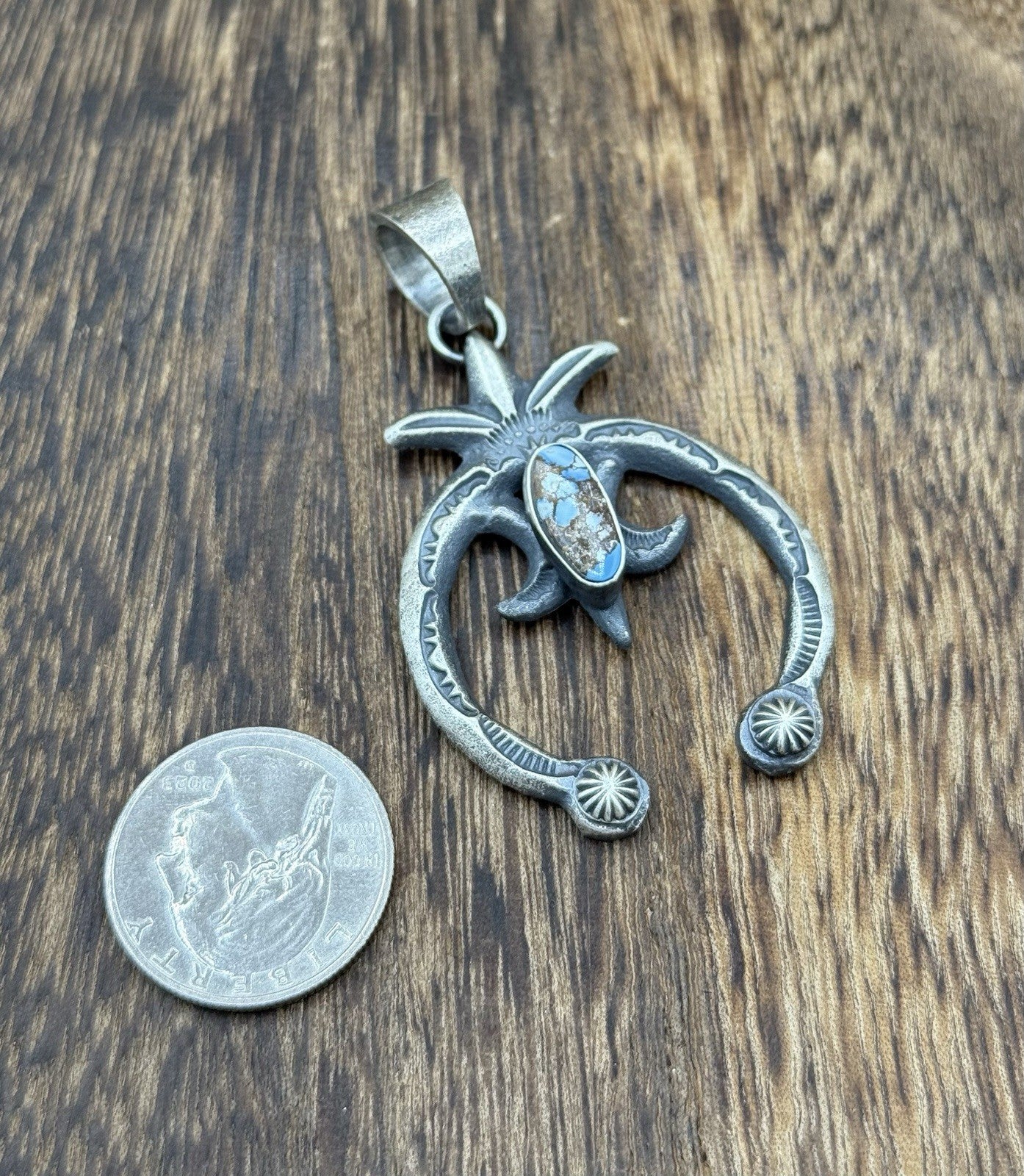 Navajo Handmade Sterling Silver Old Look Golden Hills Turquoise Naja Pendant