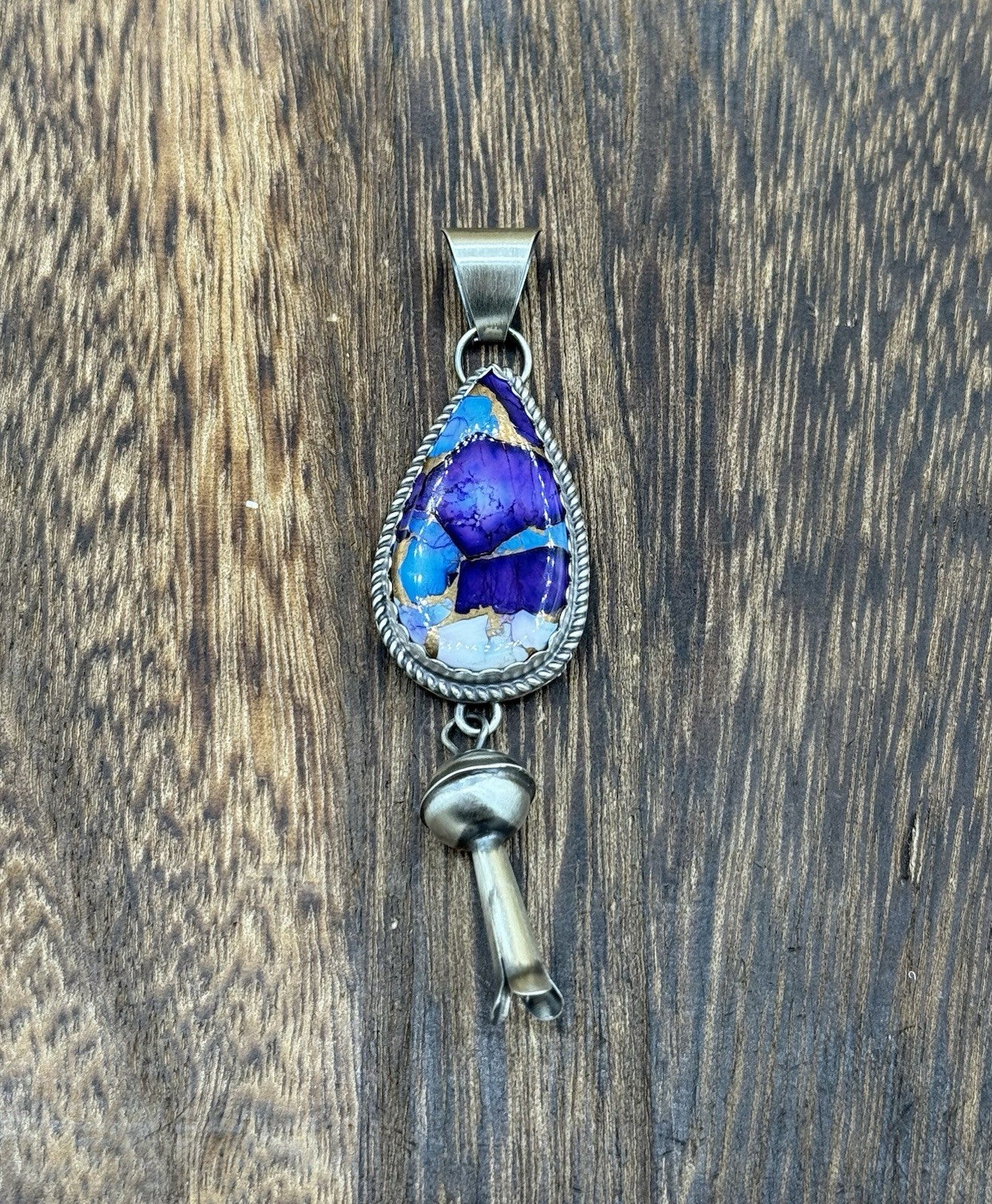 Navajo Handmade Sterling Silver Violet Rose & Blue Dahlia Dangle Blossom Pendant