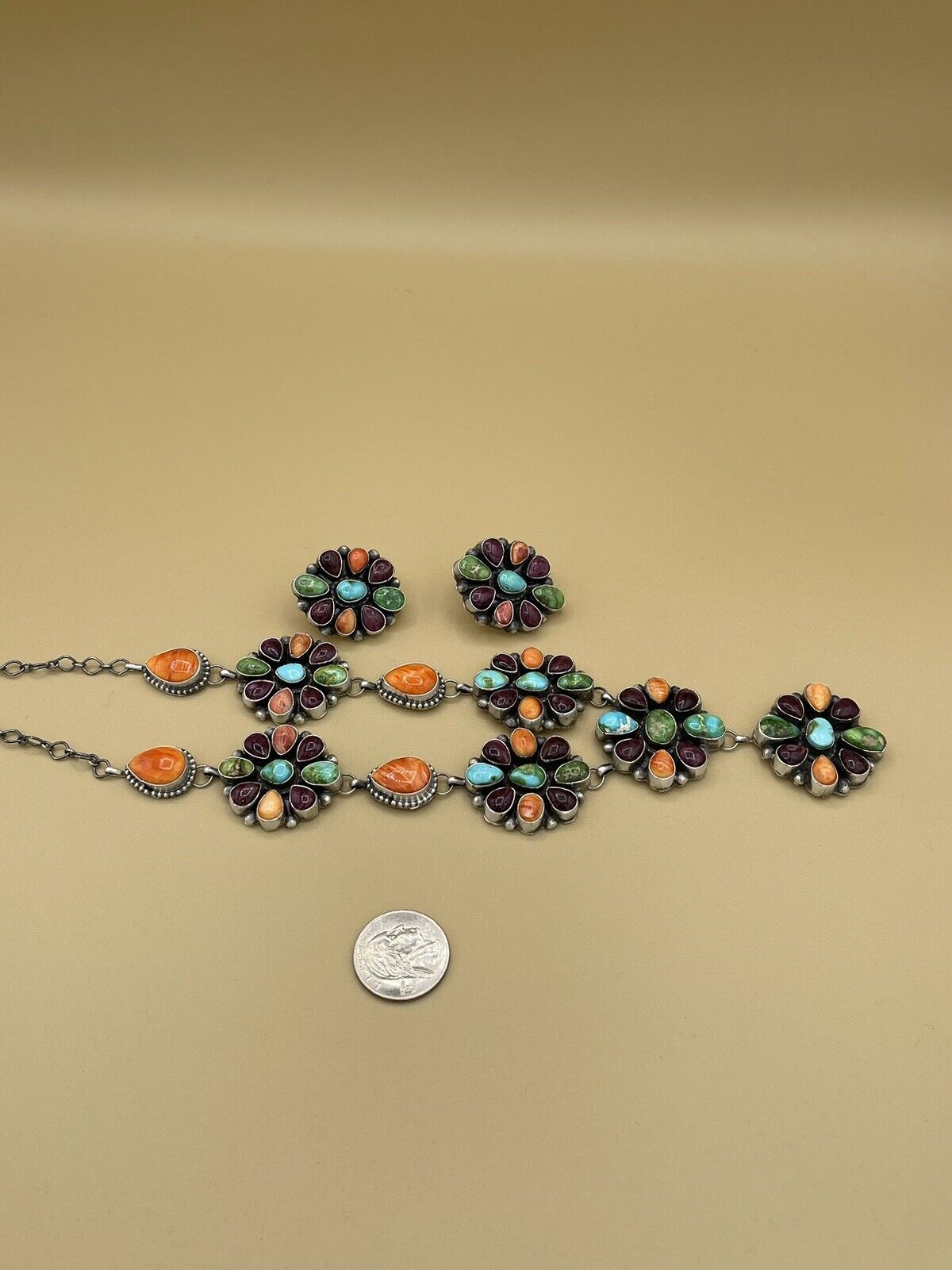 Native American Navajo Handmade Silver Spiny And Turquoise Cluster Necklace 24”