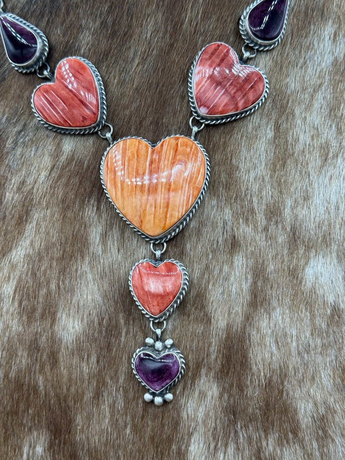 Navajo Handmade Sterling Silver Multi Spiny Oyster Shell Cluster Lariat Necklace