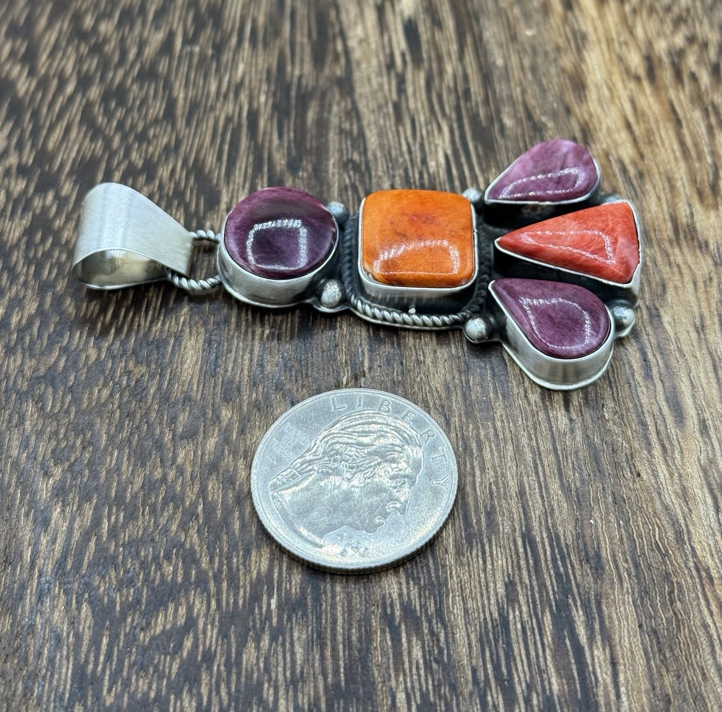 Native Navajo Handmade Sterling Silver Multi Spiny Oyster Shell Cluster Pendant