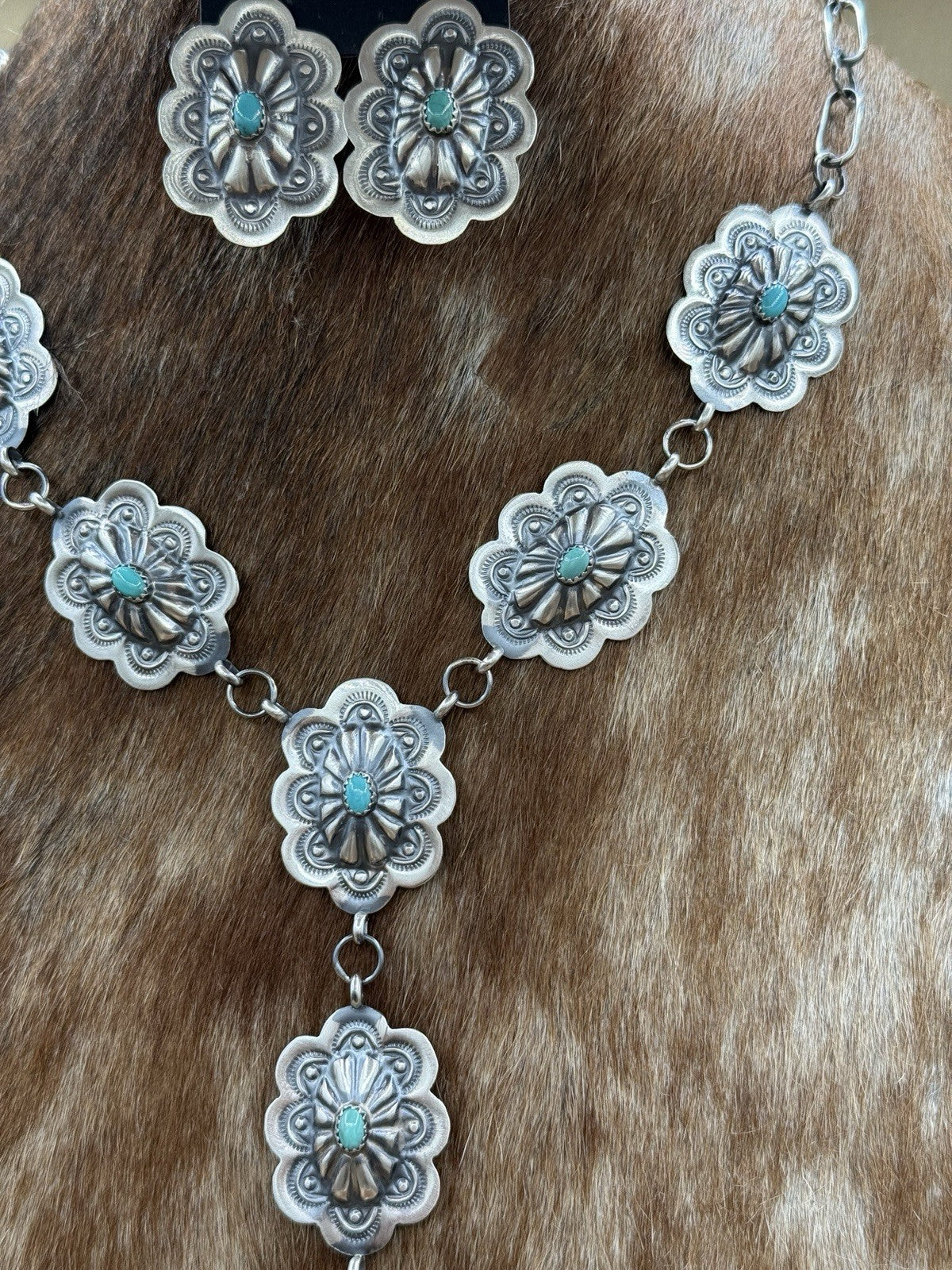 Navajo Handmade Sterling Silver Stamped Concho Turquoise Lariat Necklace Set 20”