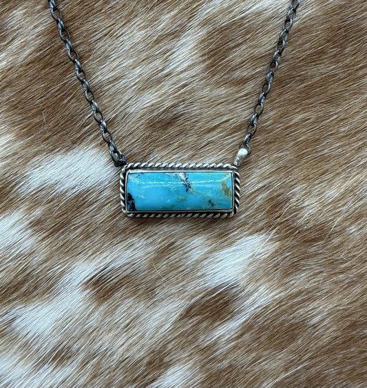 Native Navajo Handmade Sterling Silver Kingman Turquoise Bar Necklace 18”