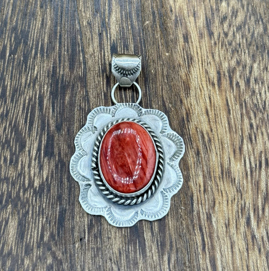 Navajo Handmade Sterling Silver Red Spiny Oyster Shell Stamped Drop Pendant