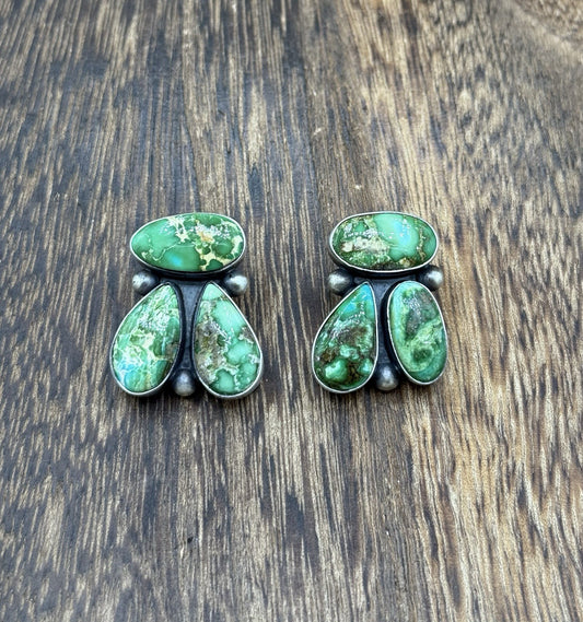 Navajo Handmade Sterling Silver Sonoran Gold Turquoise Post Cluster Earrings