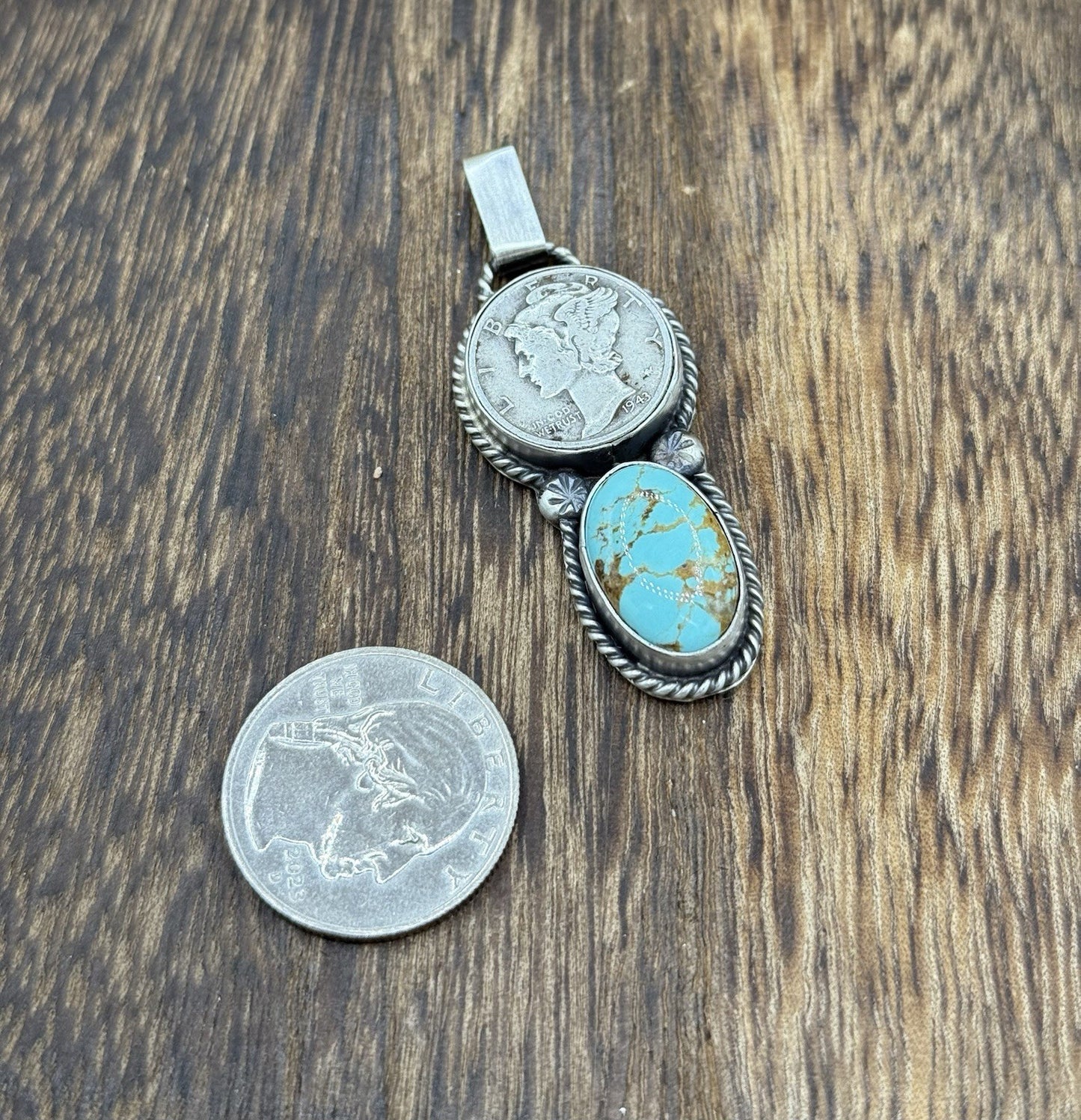 Navajo Handmade Sterling Silver Blue Glacier Turquoise Liberty Dime Coin Pendant