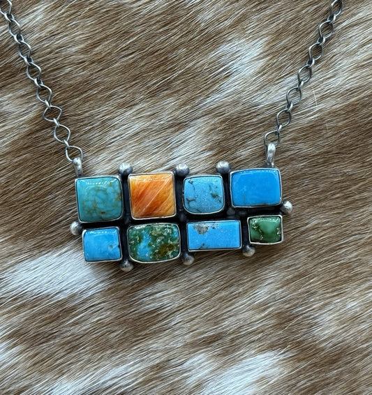 Navajo Handmade Sterling Silver Mixed Stone Turquoise Cluster Bar Necklace 18”
