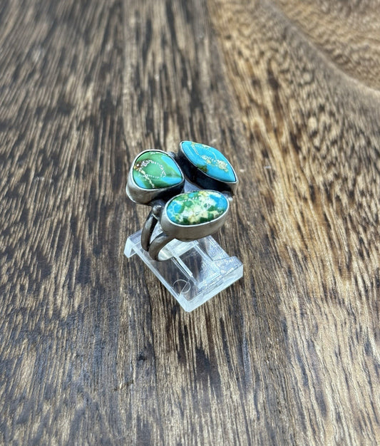 Navajo Handmade Sterling Silver Sonoran Gold Turquoise Cluster Ring Size 8