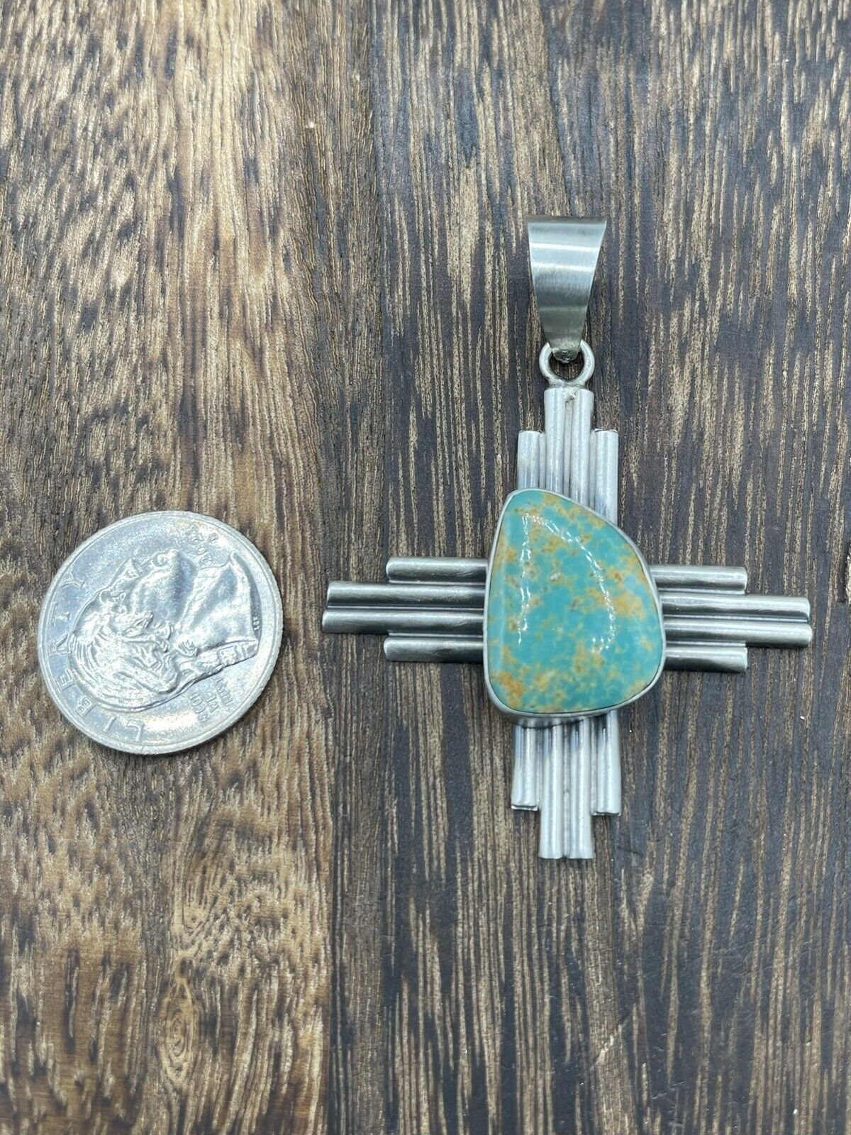 Native American Sterling Silver Navajo Handmade Turquoise Zia Pendant -Betta Lee