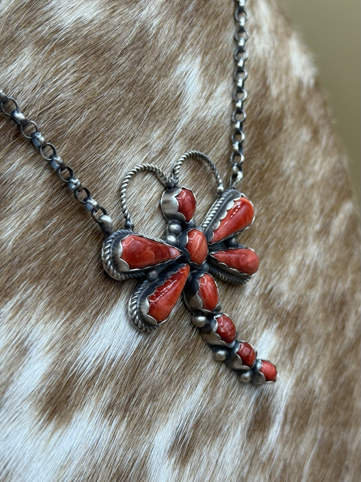 Navajo Handmade Sterling Silver Red Spiny Oyster Dragonfly Bar Necklace 18”