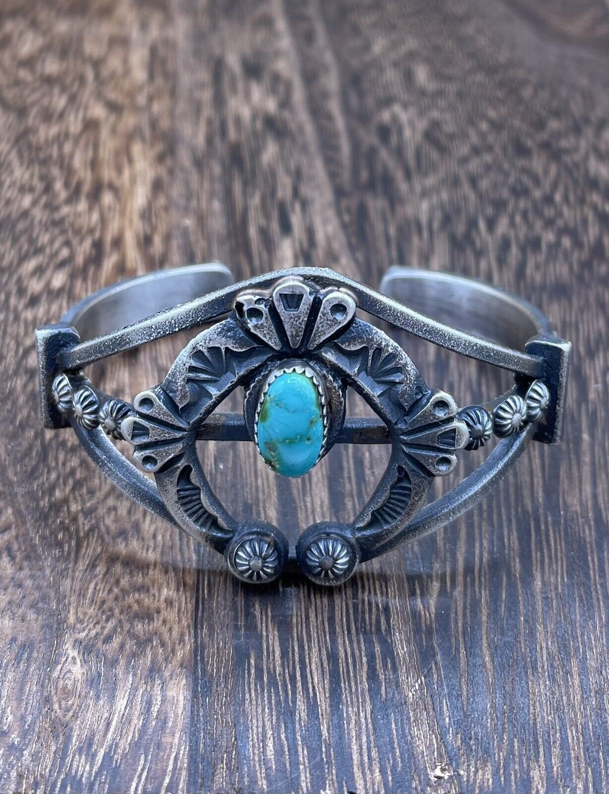 Native American Silver Navajo Handmade Sonoran Turquoise Old look Naja Bracelet