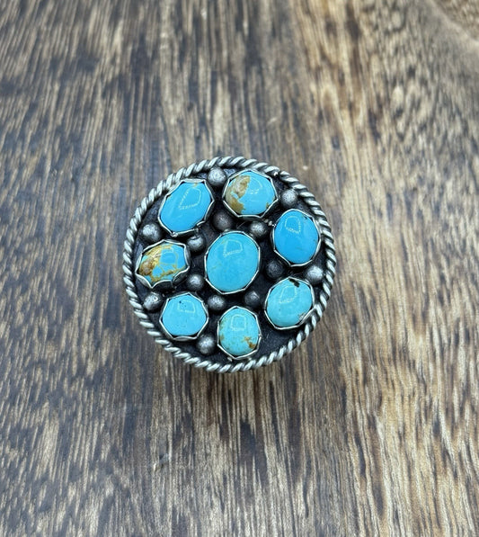 Navajo Handmade Sterling Silver Kingman Turquoise Adjustable Ring Size 7 To 9