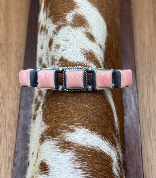Navajo Handmade Sterling Silver Pink Conch Stacker Cluster Cuff Bracelet
