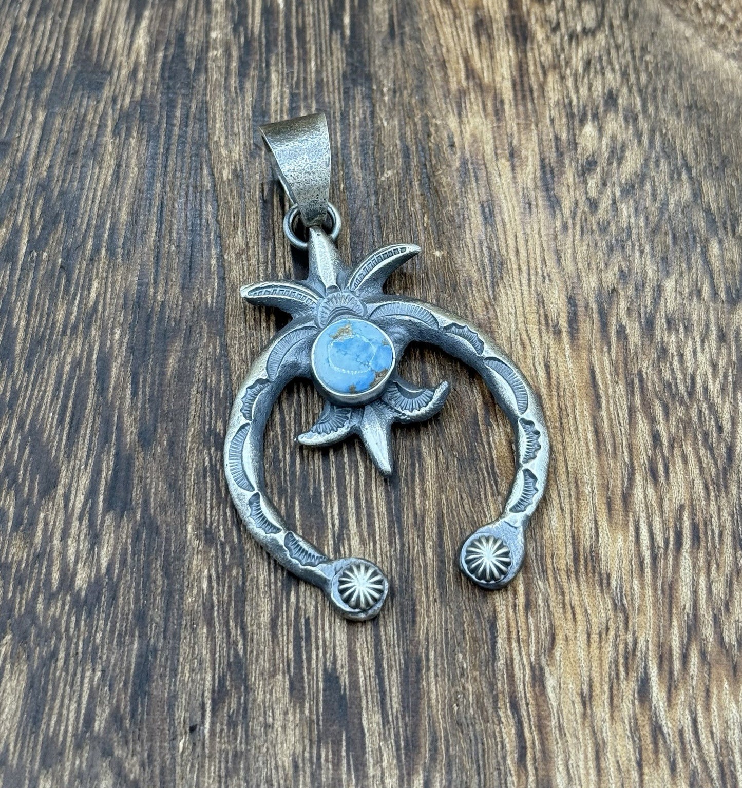 Navajo Handmade Sterling Silver Old Look Golden Hills Turquoise Naja Pendant