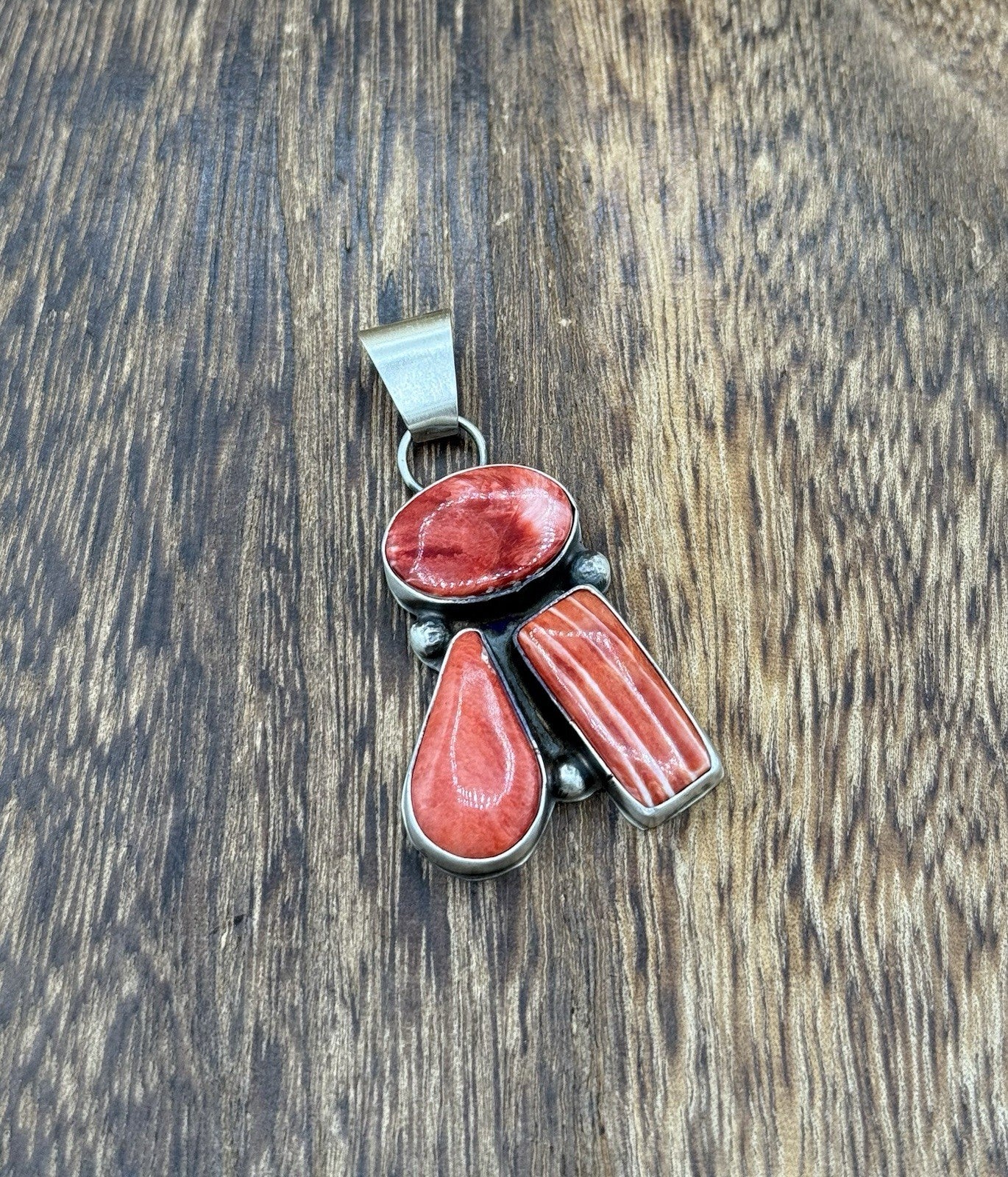 Navajo Handmade Sterling Silver Red Spiny Oyster Shell Cluster Drop Pendant