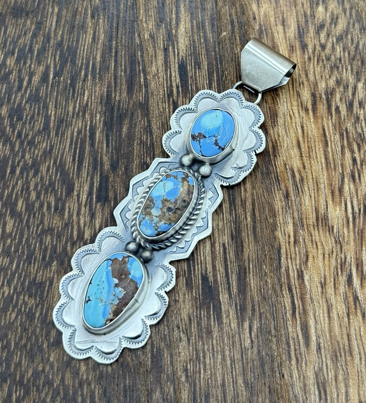 Navajo Handmade Sterling Silver Golden Hills Turquoise Stamped Drop Pendant