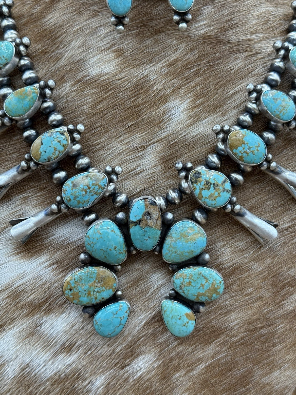 Navajo Handmade Sterling Silver Kingman Turquoise Squash Blossom Necklace 20”