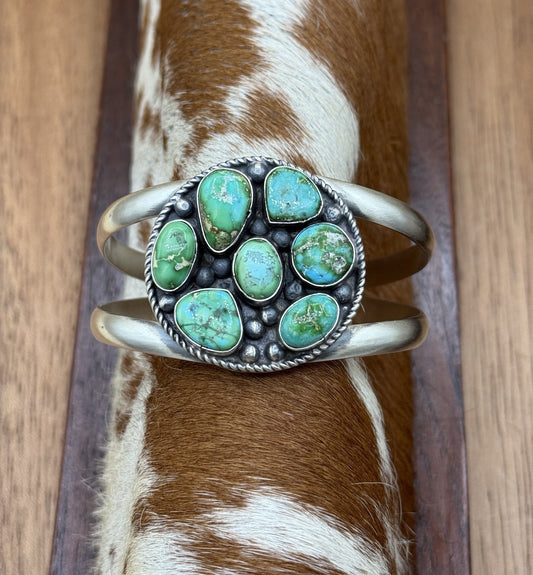 Navajo Handmade Sterling Silver Sonoran Gold Turquoise Cluster Cuff Bracelet