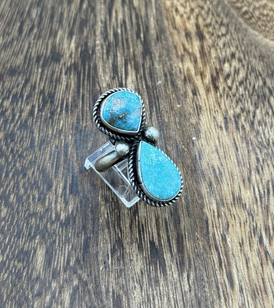 Navajo Handmade Sterling Silver White Water Turquoise Adjustable Ring Size 7 - 9