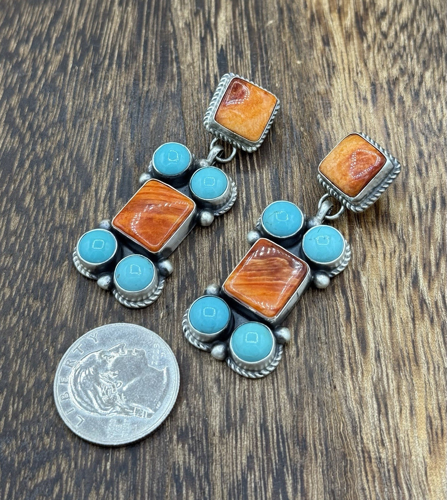 Navajo Handmade Sterling Silver Turquoise & Spiny Oyster Post Dangle Earrings