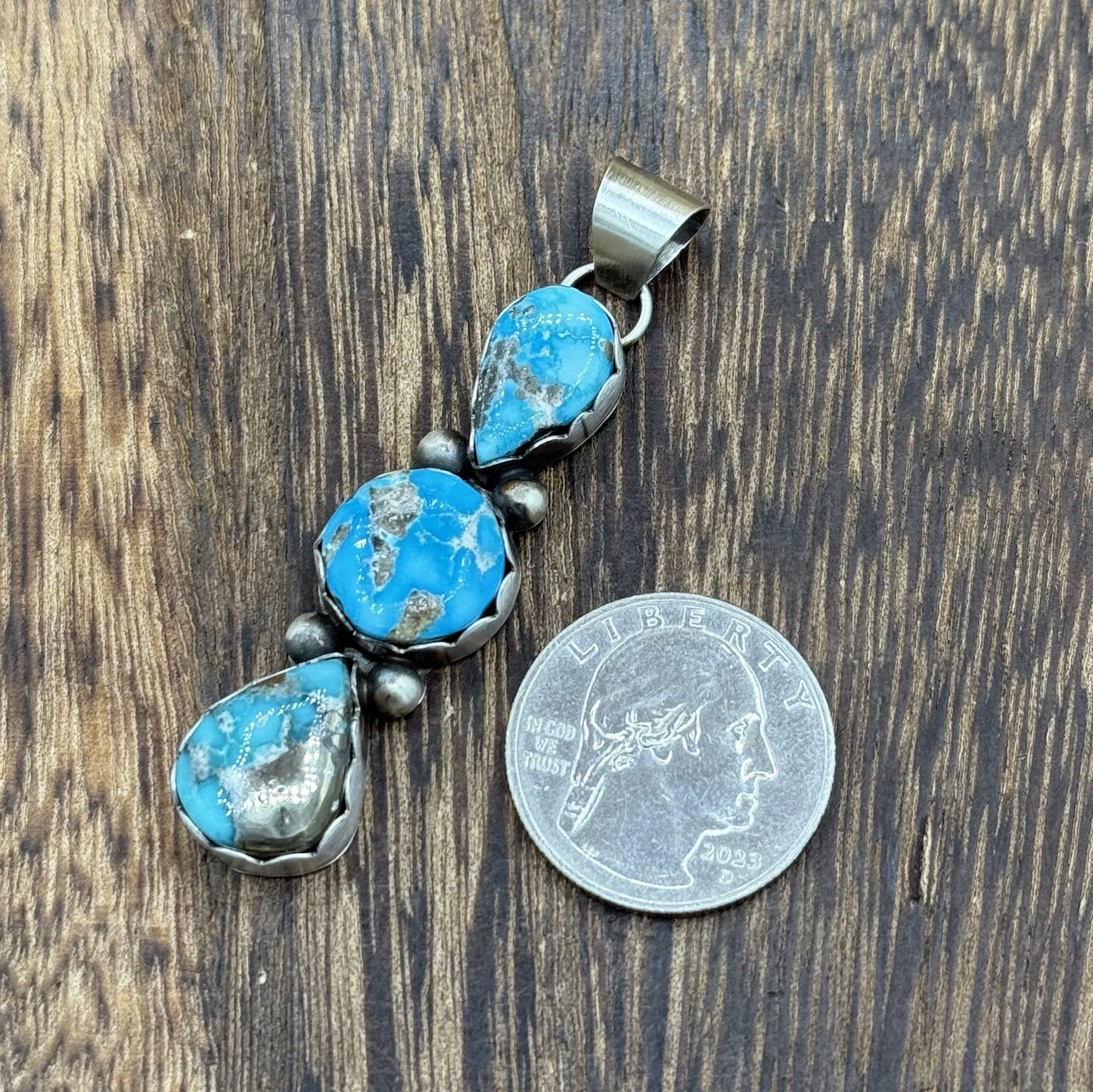Native Navajo Handmade Sterling Silver Blue Bird Turquoise Cluster Drop Pendant