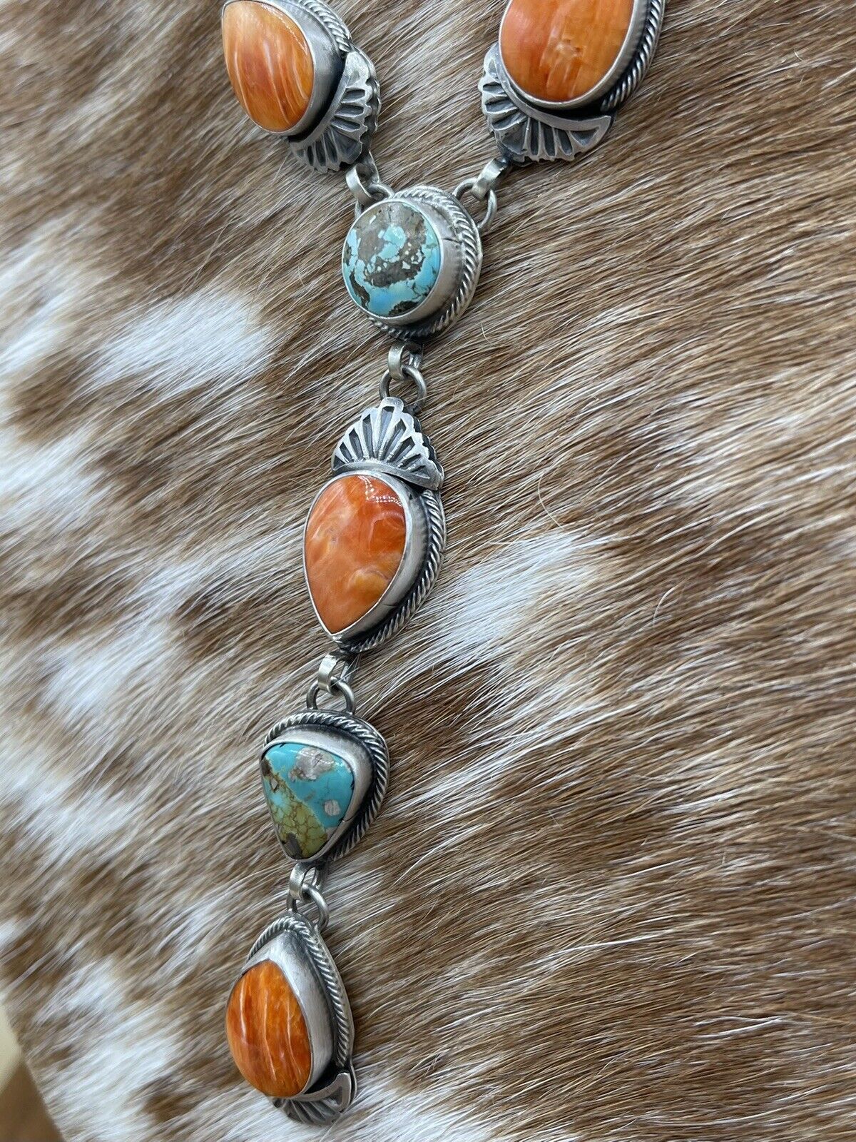 Native American Navajo Handmade Sterling Silver Multi Color Lariat Necklace