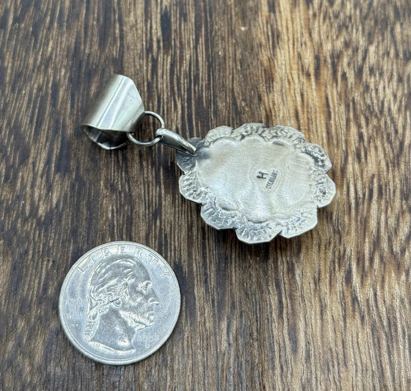 Navajo Handmade Sterling Silver Royston Turquoise Stamped Design Drop Pendant